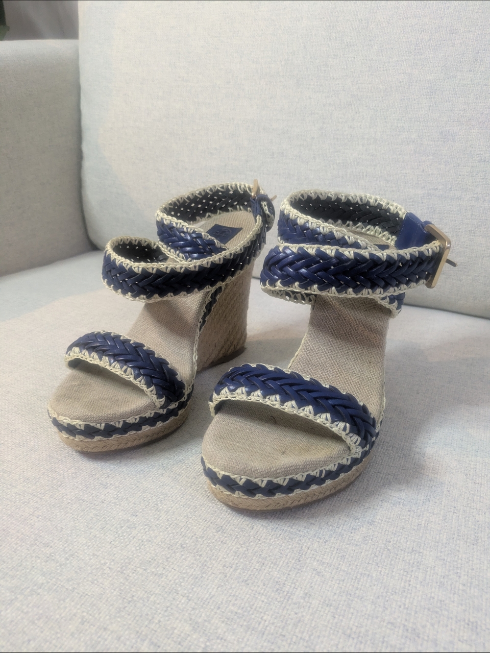 Tory Burch Navy Braided Espadrille Wedge Sandals Ankle Strap US 8.5     EU 39.5 - Picture 2 of 11